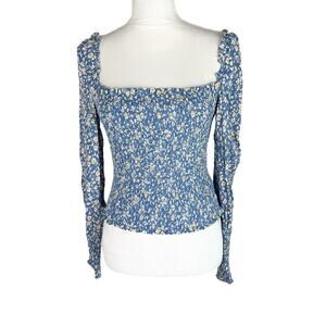 Reformation Pinto Floral Print Smocked Puff Sleeves Blue Top Size Medium